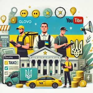 DALL·E 2025 03 24 15.13.50 An illustration representing taxation of gig economy workers in Ukraine. The image features delivery couriers Glovo taxi drivers Bolt landlords