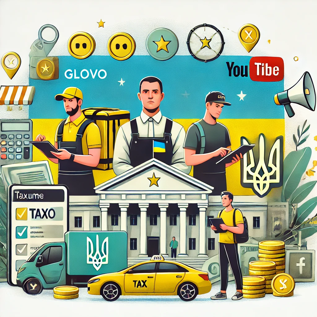 DALL·E 2025 03 24 15.13.50 An illustration representing taxation of gig economy workers in Ukraine. The image features delivery couriers Glovo taxi drivers Bolt landlords