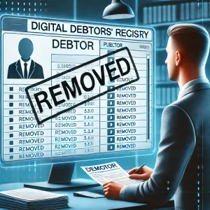 DALL·E 2025 03 28 10.07.08 A conceptual illustration of a person removing their name from a digital debtors registry. The image features a computer screen displaying a public d