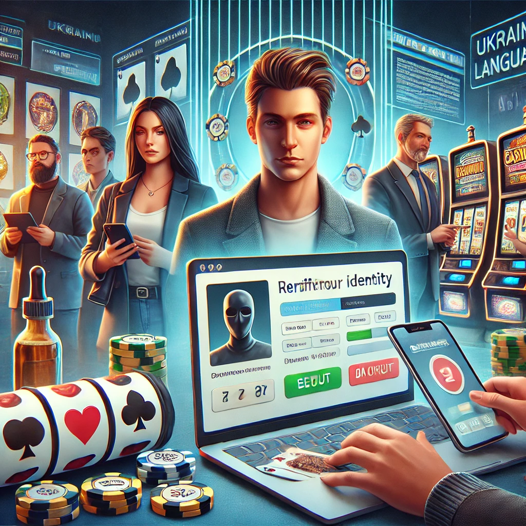 DALL·E 2025 04 06 21.35.44 A realistic and detailed digital illustration depicting a group of people interacting with online gambling platforms. The scene includes a person veri