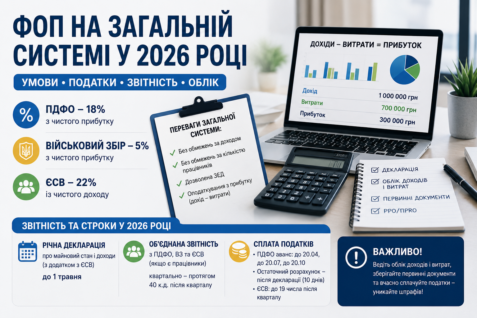 ФОП на загальній системі звітність 2026 — податки, декларація, ЄСВ, ПДФО, військовий збір
