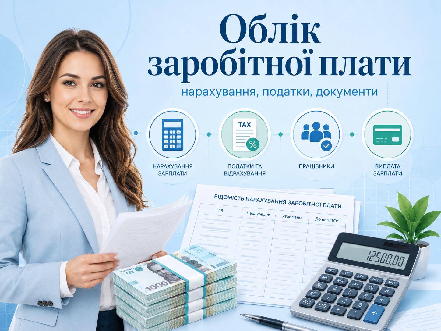 Облік заробітної плати: нарахування зарплати, податки, ЄСВ, документи та звітність